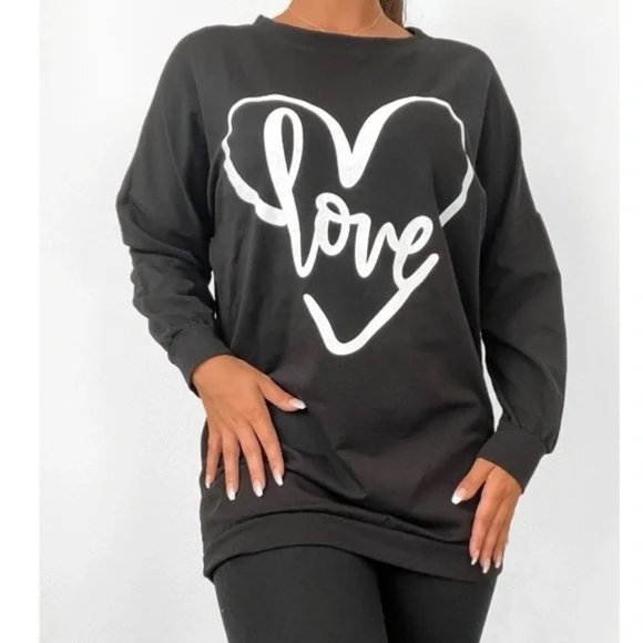 Black Love Print Long Sleeve Loose Fit Oversized Sweatshirt Top - Picture 9 of 10